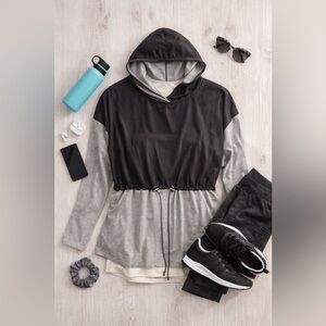 MTA Sport Gray Black Hooded Pullover Top 3X Plus Size Drawstring Waist